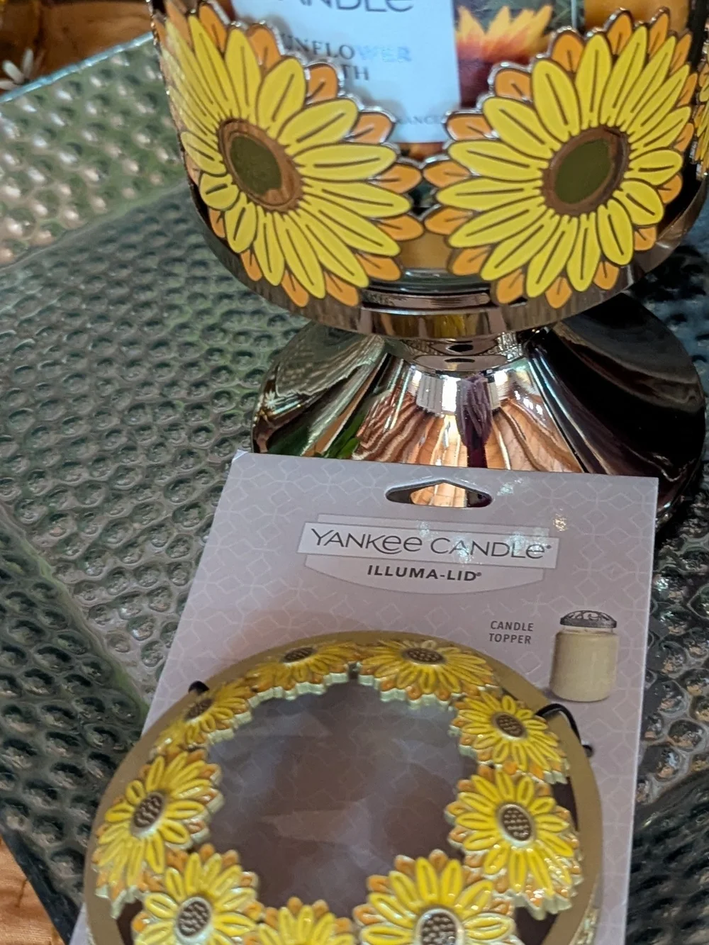 Yankee Candle Sunflower Display Golden Metal Pedestal & Matching Illuma Lid New